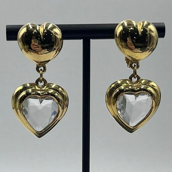 Gold Tone Unsigned Faceted Heart Dangle Clip On Earrings High End - Picture 1 of 13